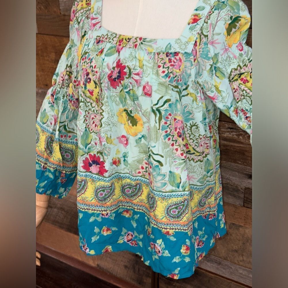 Figueroa & Flower Floral Paisley Square Neck ¾ Sleeve Boho Peasant Top Medium